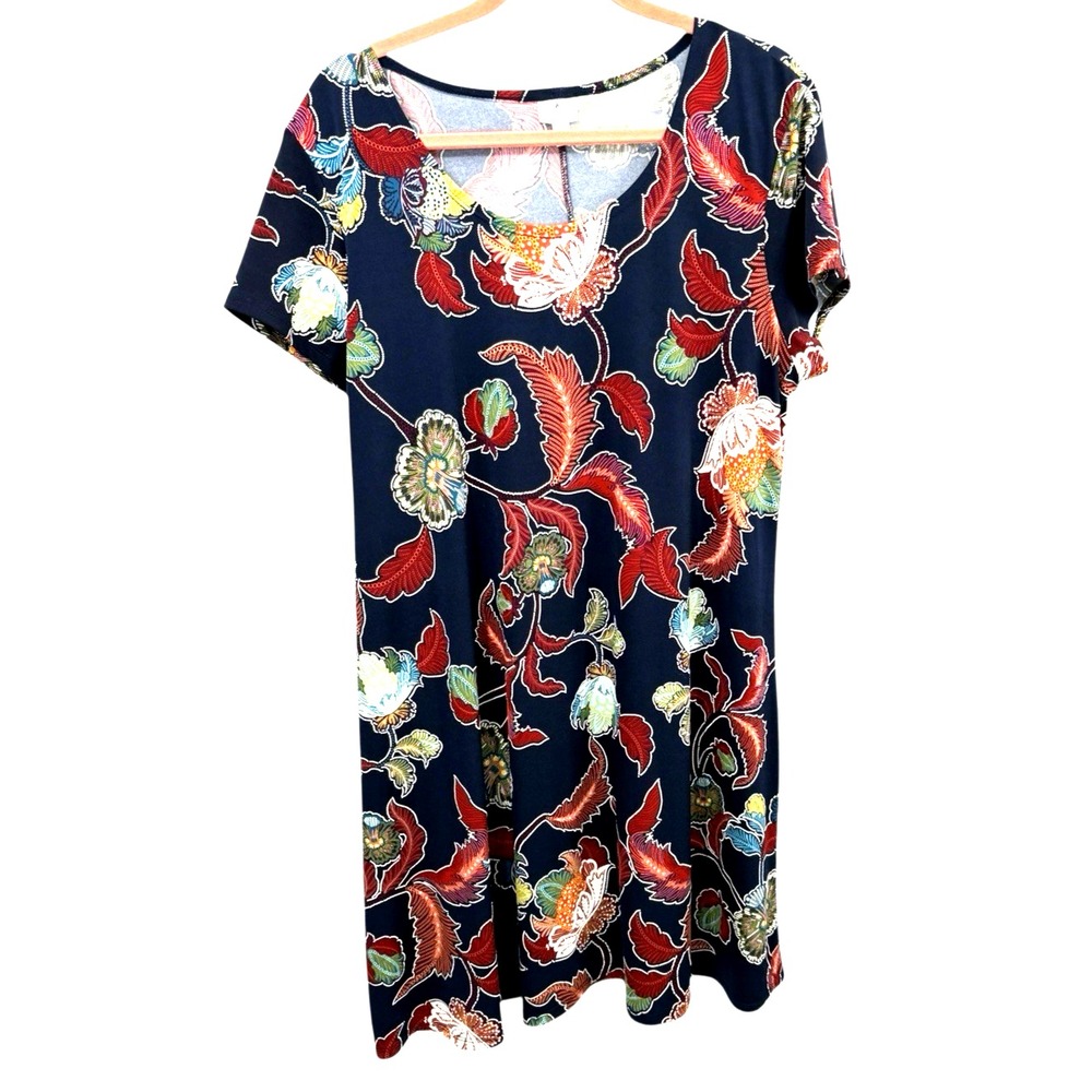 Dress Barn XL Navy Floral Short Sleeve Knee Length Dress Shift Women's Office
